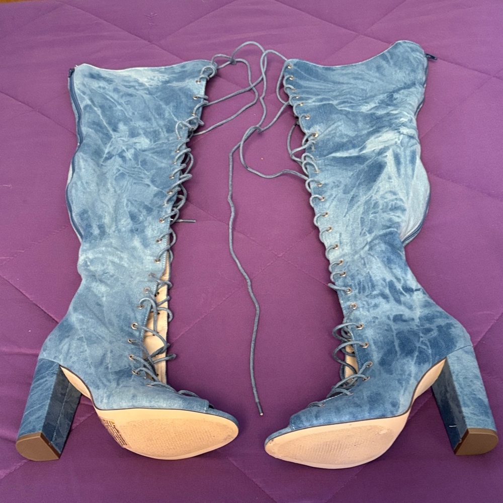 Stylish Blue Lace-Up Knee-High Boots